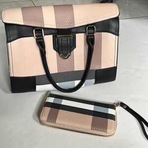 Plaid satchel with matching wallet